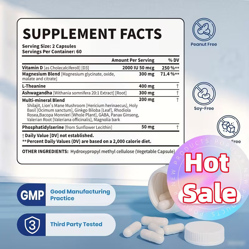Supplement facts label with vitamins and minerals on a blue background