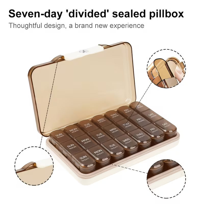 Seven-day divided sealed pillbox with detailed views on a white background