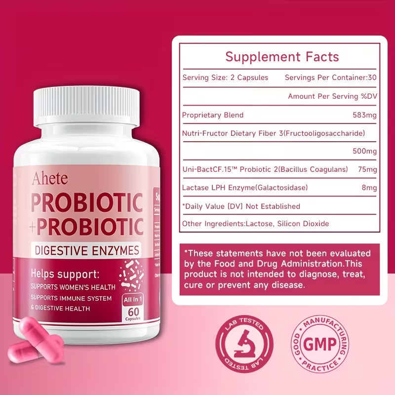 Ahete Probiotic supplement bottle with label on a pink background