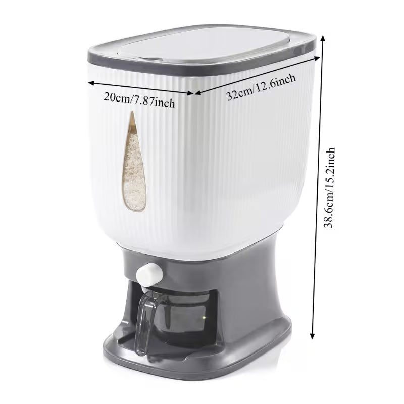White and gray pet feeder with dimensions indicated on a white background