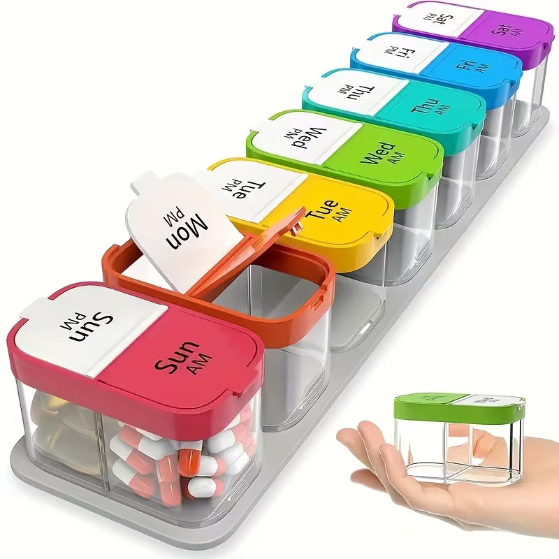 Colorful pill organizer with labeled compartments and a hand holding a small container.