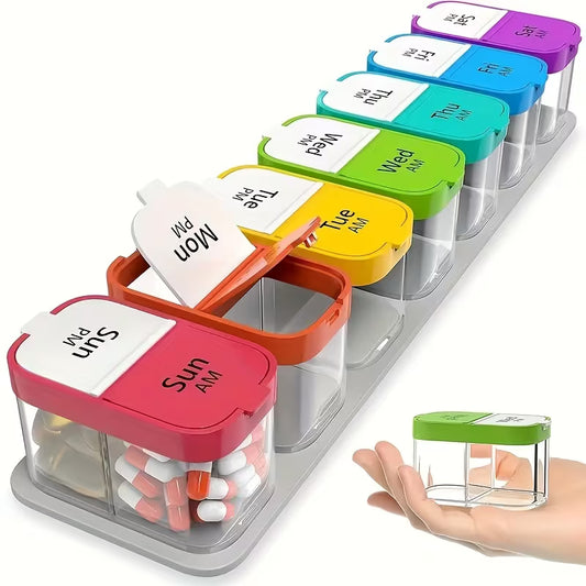 Colorful pill organizer with labeled compartments and a hand holding a small container.