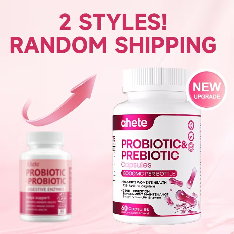 Two bottles of Ahete probiotic and prebiotic capsules on a pink background with text about shipping styles.