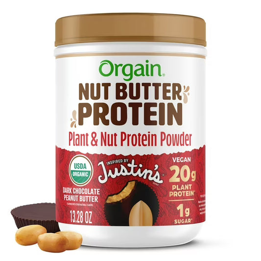 Orgain Nut Butter Protein powder container with peanut and chocolate elements on a white background