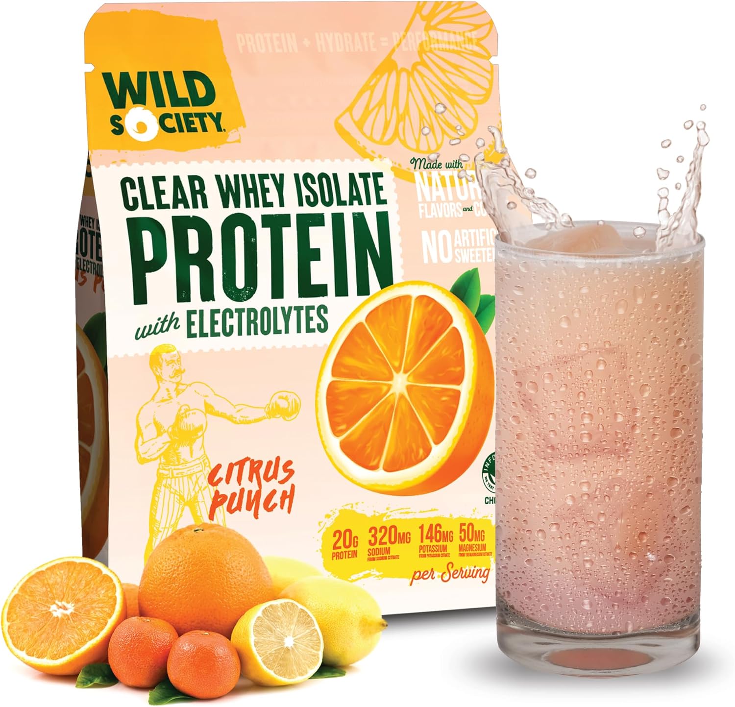 Wild Society protein powder package with oranges, lemons, and a glass of citrus punch protein shake.