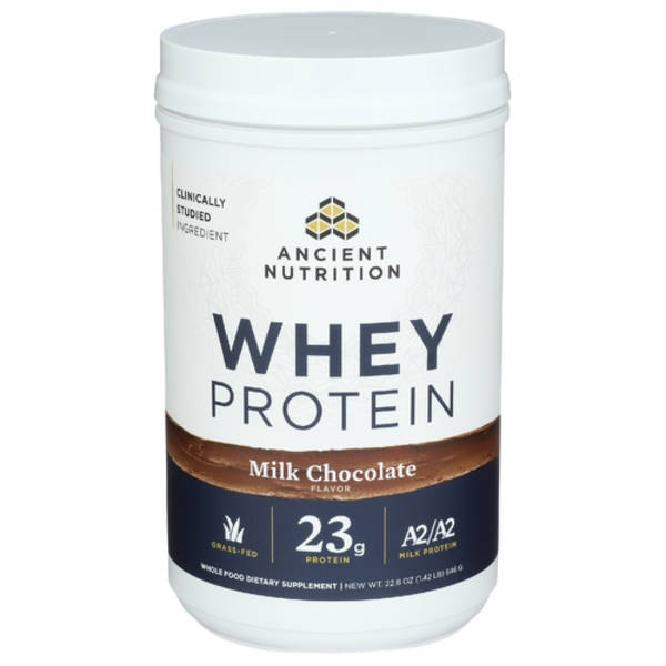 Ancient Nutrition Grass-Fed Whey Protein powder, Milk Chocolate flavor, 20 servings, 23g protein, featuring Hydrolyzed Collagen Peptides and Organic Regenerative A2/A2 Milk Protein.