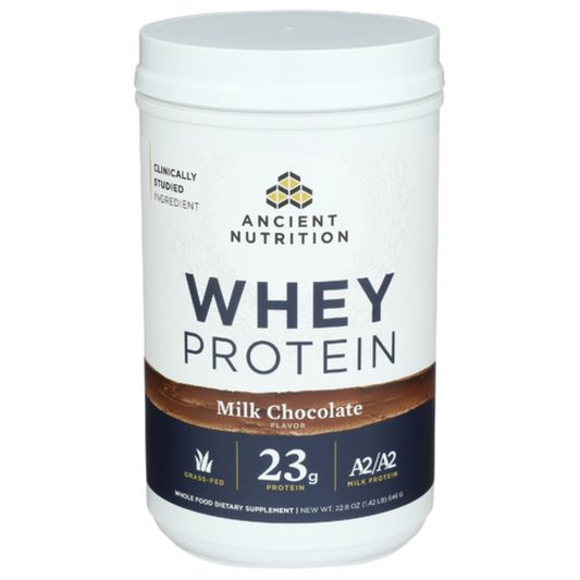 Ancient Nutrition Grass-Fed Whey Protein powder, Milk Chocolate flavor, 20 servings, 23g protein, featuring Hydrolyzed Collagen Peptides and Organic Regenerative A2/A2 Milk Protein.