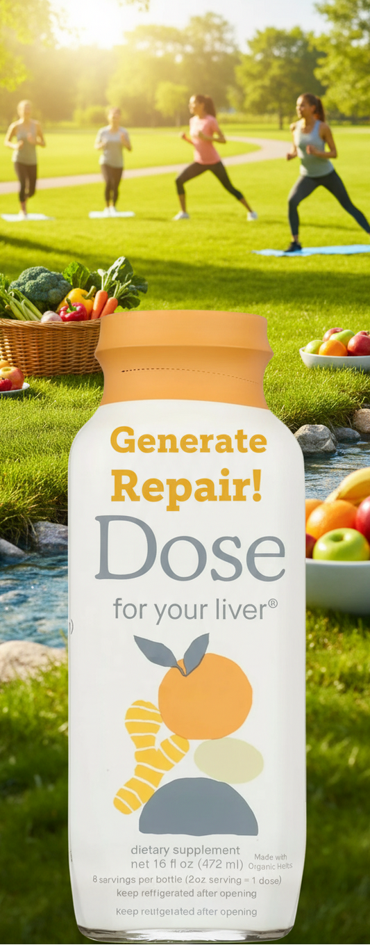 Dose dietary supplement bottle with orange cap and colorful label on white background