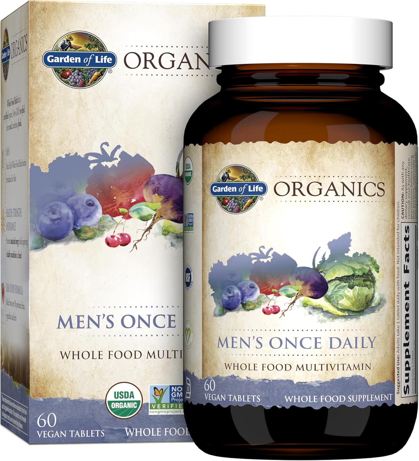 Garden of Life Organics Men's Once Daily multivitamin bottle and packaging on a white background