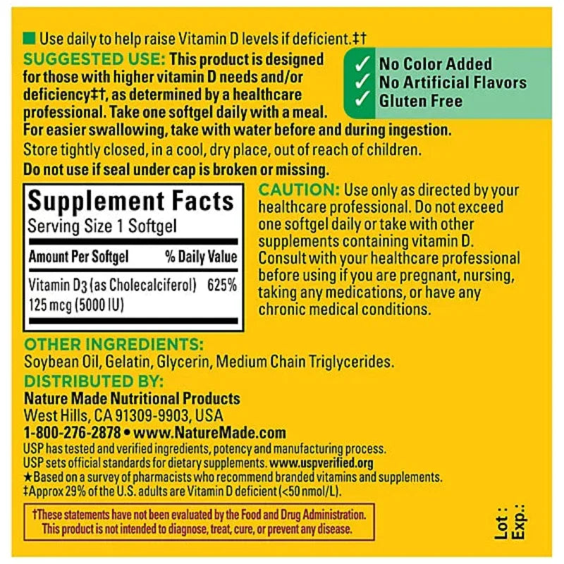 Nature Made Extra Strength Vitamin D3 5000 IU 125 mcg Softgels - 90 Count Nature Made Extra Strength Vitamin D3 5000 IU 125 mcg Softgels - 90 Count