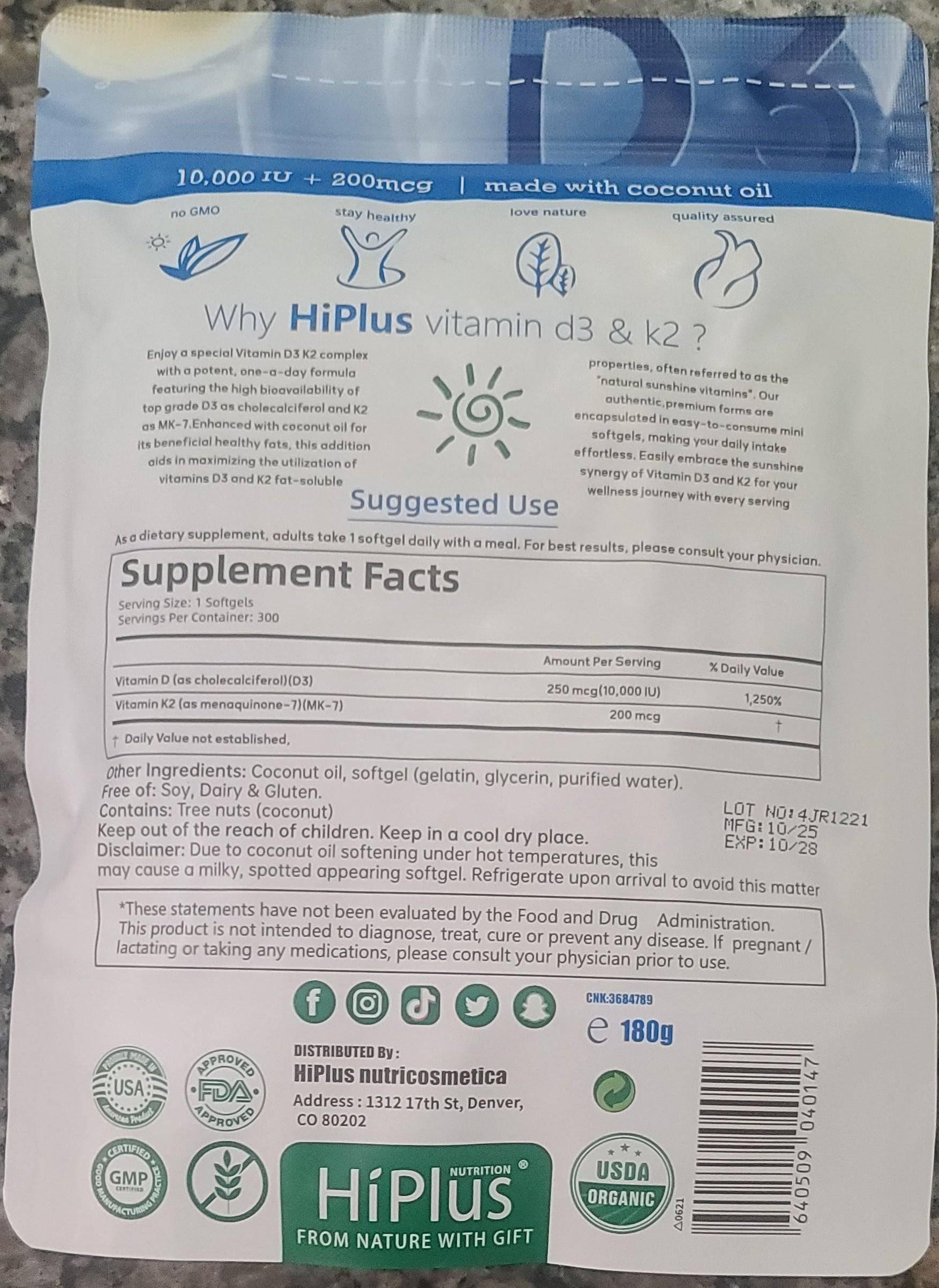 Hi Plus Vitamin D3 10,000 IU + K2 MK-7 – 300 Softgels Dietary Supplement Hi Plus