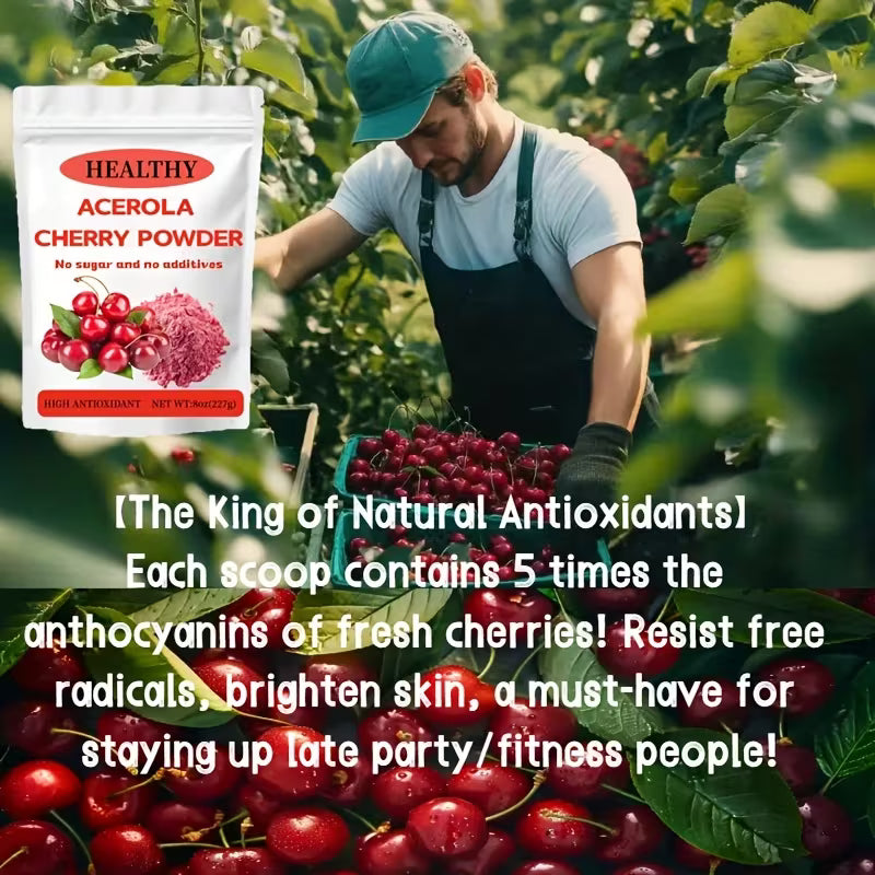 Man picking cherries with a bag of Healthy Acerola Cherry Powder in the foreground.