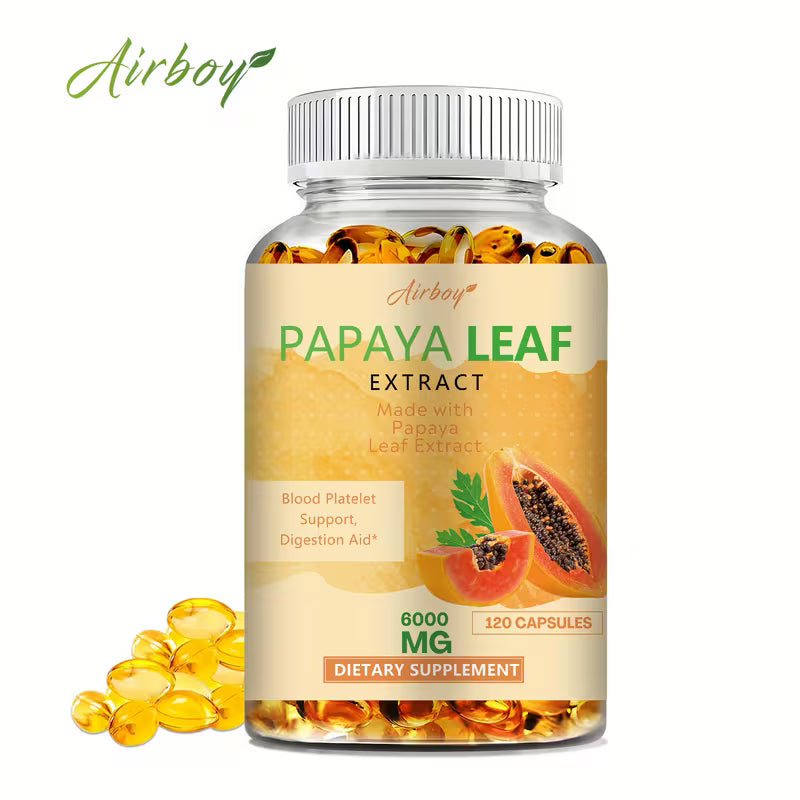 Supplement bottle labeled 'Papaya Leaf Extract' by Airboy on a white background