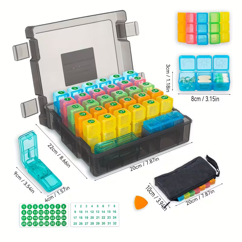 Monthly Pill Organizer – 32 Compartments, 3x Daily, 30-Day Peaceful Pleasures
