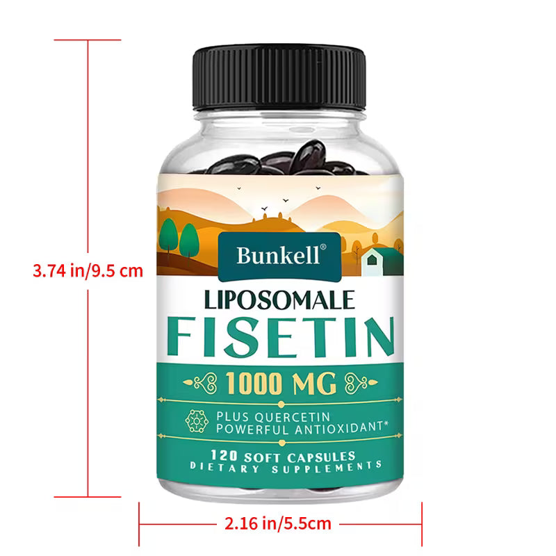 Supplement bottle labeled 'Bunkell Liposomal Fisetin 1000 MG' with measurements on a white background