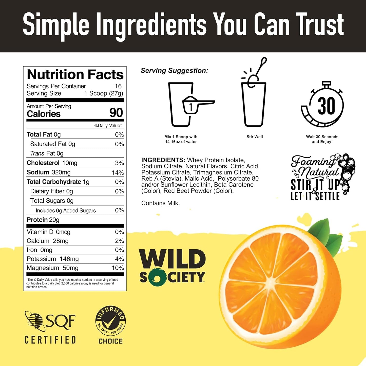 Nutrition label for a product by Wild Society with an orange illustration on a white background.