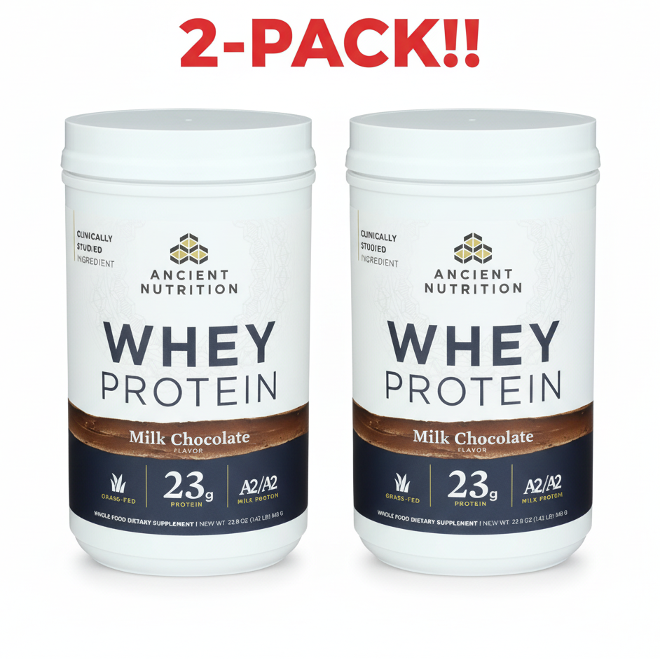 Two tubs of Ancient Nutrition Grass-Fed Whey Protein powder, Milk Chocolate flavor, 20 servings each (40 servings total), emphasizing 23g protein and Hydrolyzed Collagen.