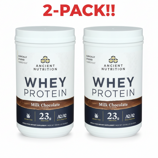 Two tubs of Ancient Nutrition Grass-Fed Whey Protein powder, Milk Chocolate flavor, 20 servings each (40 servings total), emphasizing 23g protein and Hydrolyzed Collagen.