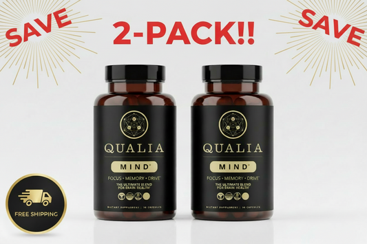 Two bottles of Qualia Mind supplement with a '2-Pack!' label on a white background.