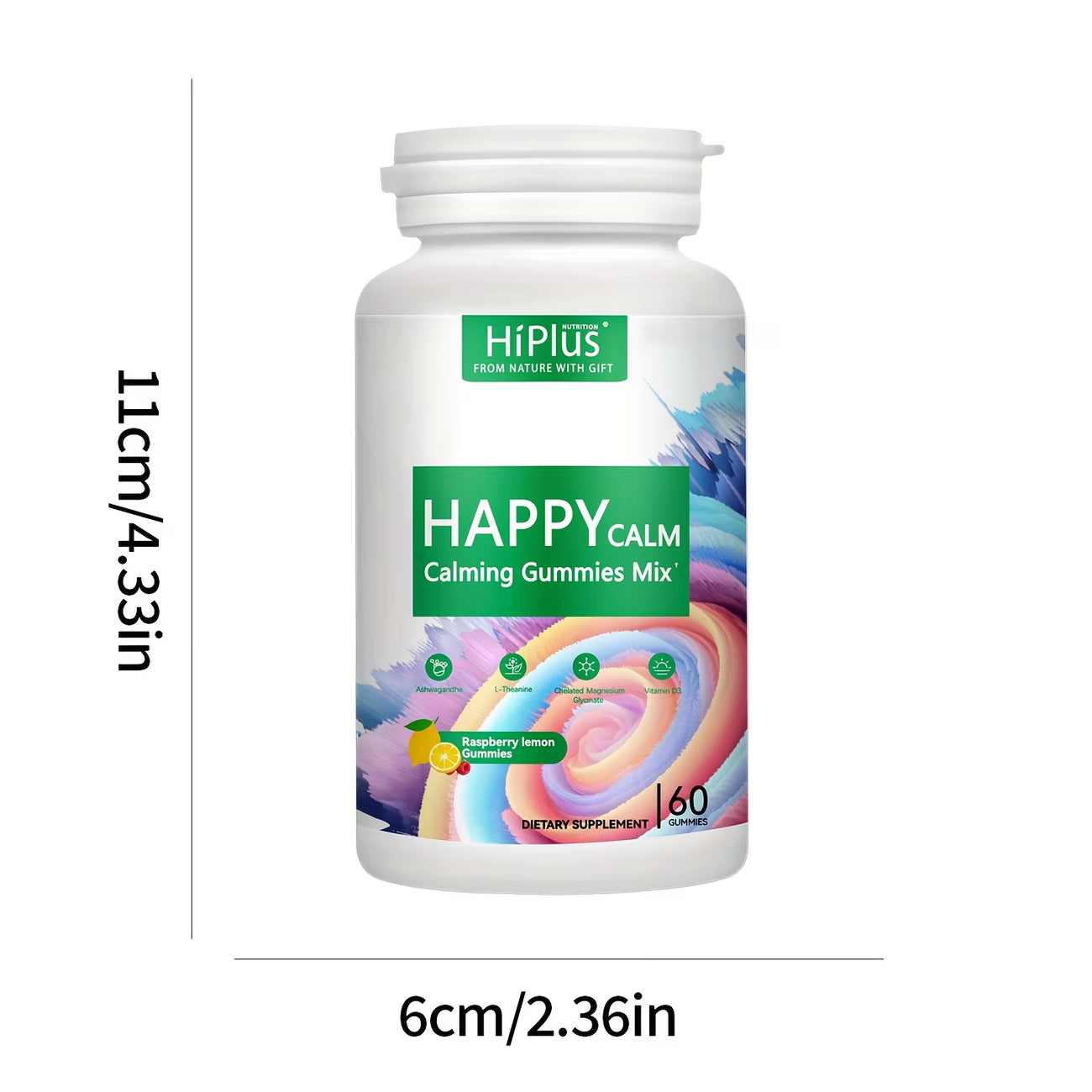 Supplement bottle labeled 'Happy Calm' with dimensions on a white background