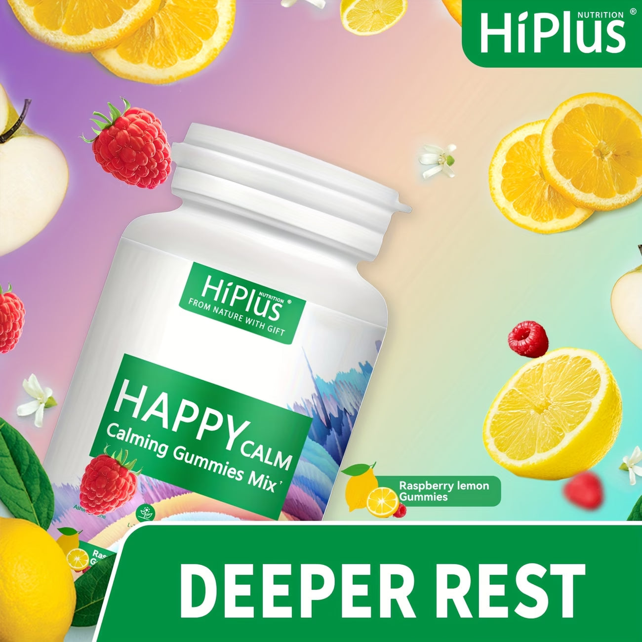HiPlus Happy Calm gummies mix bottle with fruit slices and text on a colorful background