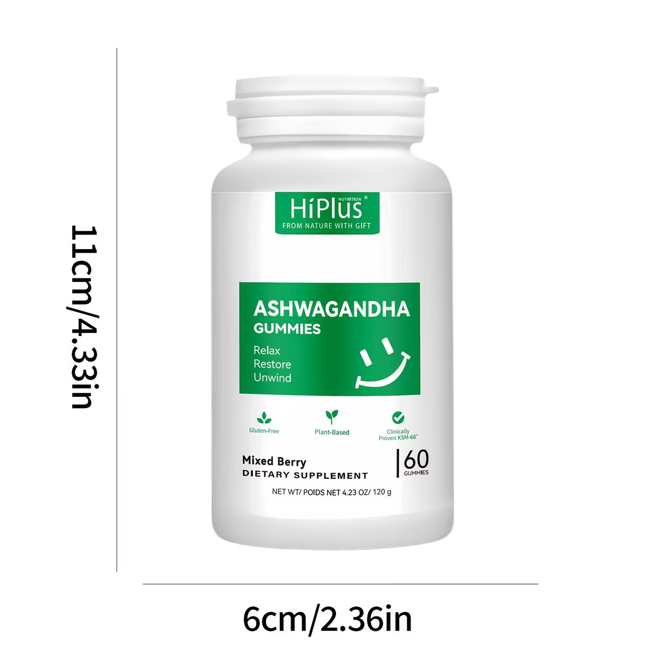 HiPlus Ashwagandha Gummies supplement bottle with dimensions on a white background