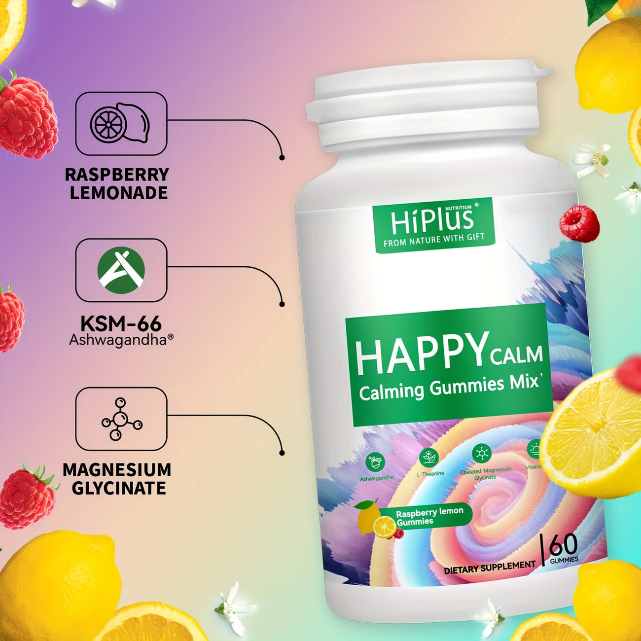 3-PACK! Hiplus Calming Gummies - Lot of 3 (180 Count Total) Raspberry Lemon Magnesium Glycinate Ashwagandha & L-Theanine for Relaxing Focus and Sleep Support with natural ingredients