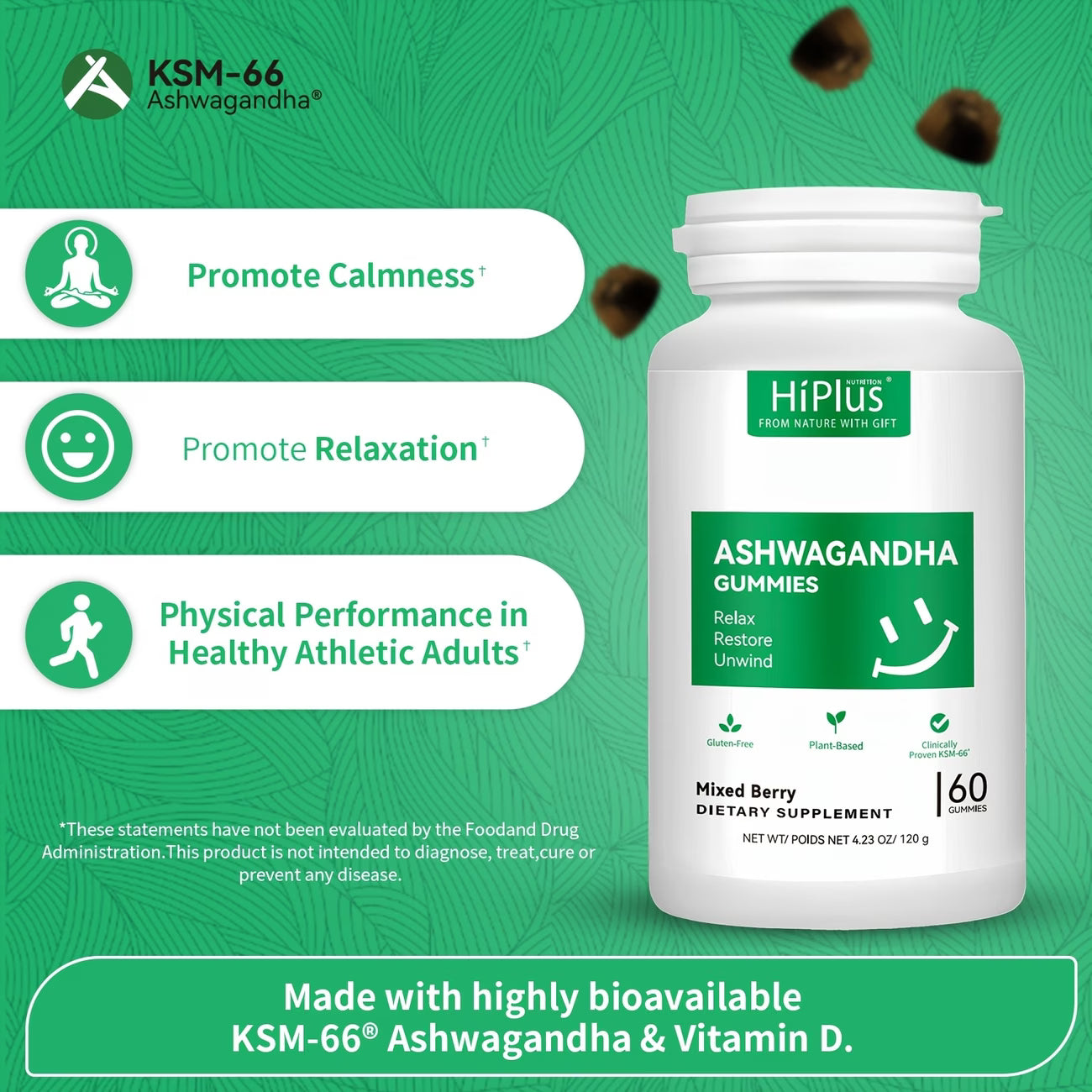 HiPlus Ashwagandha Gummies supplement bottle with green background and text highlighting benefits.