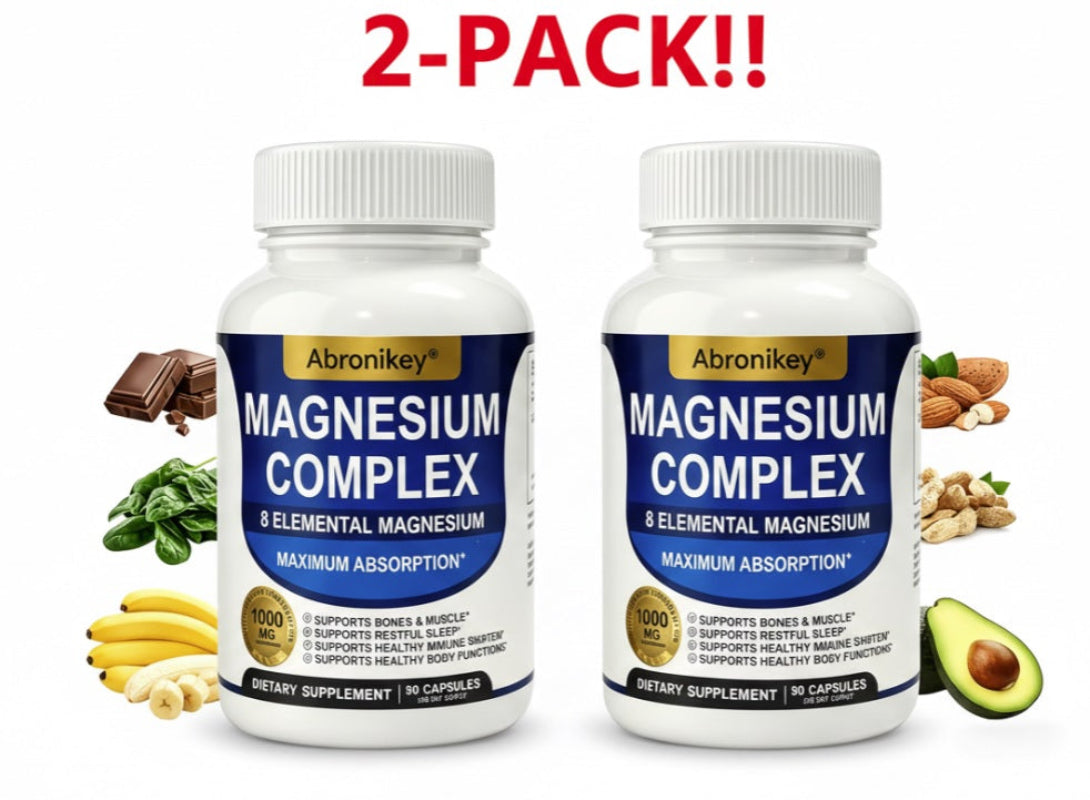 Two bottles of Abronikey Magnesium Complex dietary supplement with health food graphics on a white background.