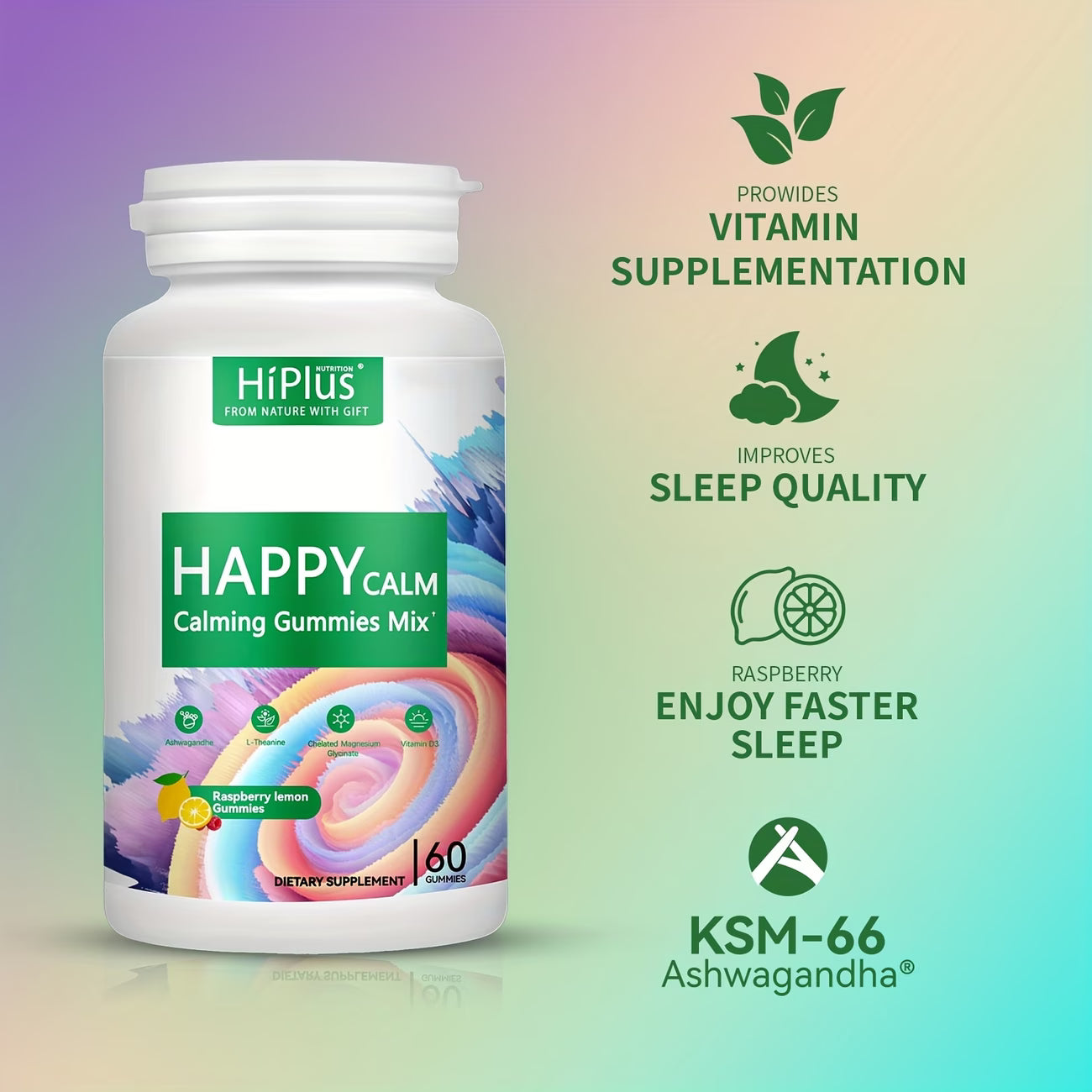 HiPlus Happy Calm gummies mix supplement bottle with colorful design on a gradient background