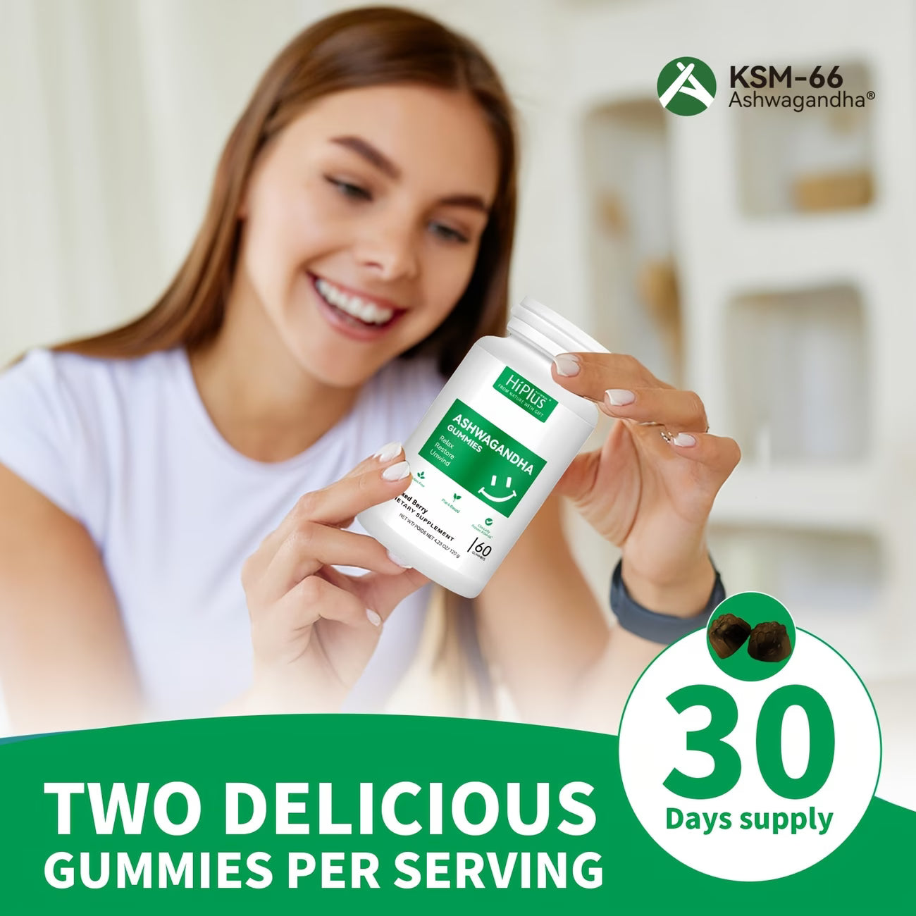 Woman holding a bottle of KSM-66 Ashwagandha gummies with text about serving size and supply duration.