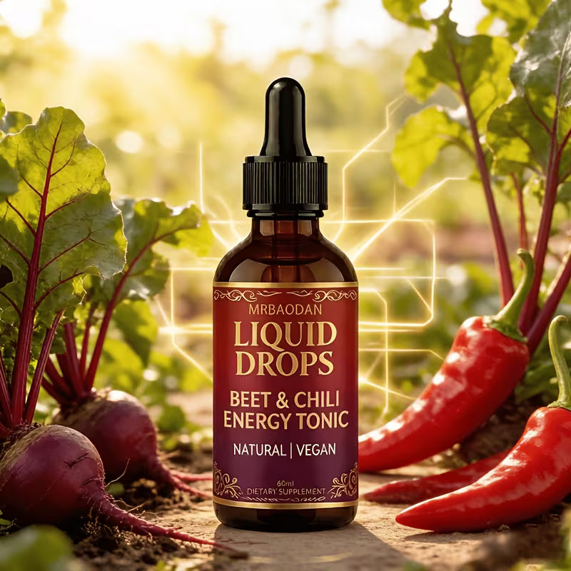 Bottle of Mrbaodan Liquid Drops Beet & Chili Energy Tonic surrounded by beets and chili peppers in a natural setting.