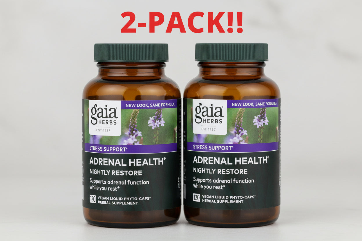 Two bottles of Gaia Herbs Adrenal Health supplement on a white background with '2-Pack!!' text.