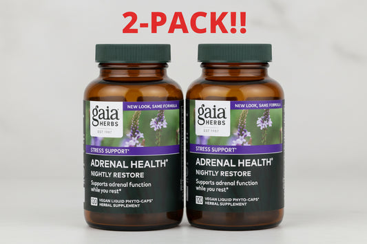 Two bottles of Gaia Herbs Adrenal Health supplement on a white background with '2-Pack!!' text.