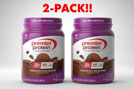 Two containers of Premier Protein Chocolate Milkshake powder on a light gray background with '2-Pack!!' text above.