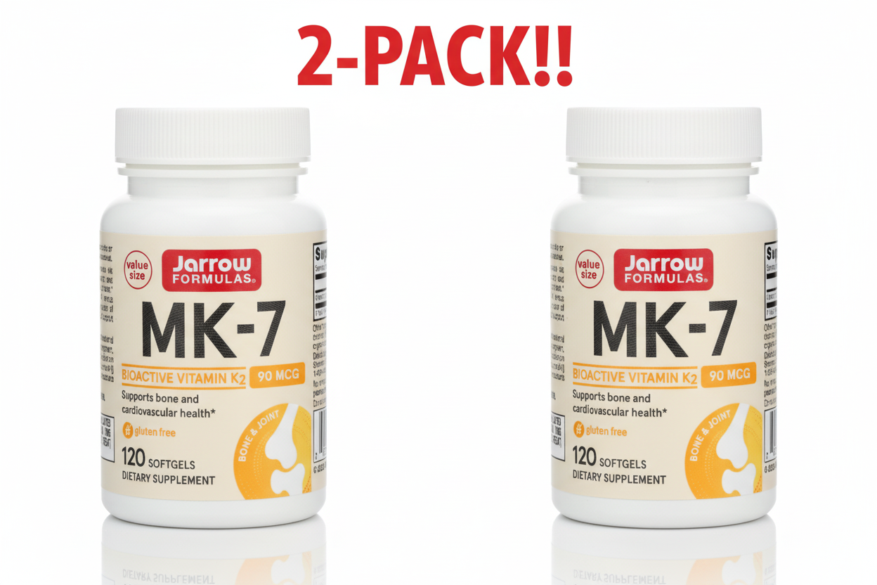 Two bottles of Jarrow Formulas MK-7 vitamin supplement with a '2-Pack!!' label on a white background.