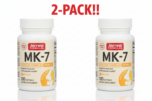 Two bottles of Jarrow Formulas MK-7 vitamin supplement with a '2-Pack!!' label on a white background.