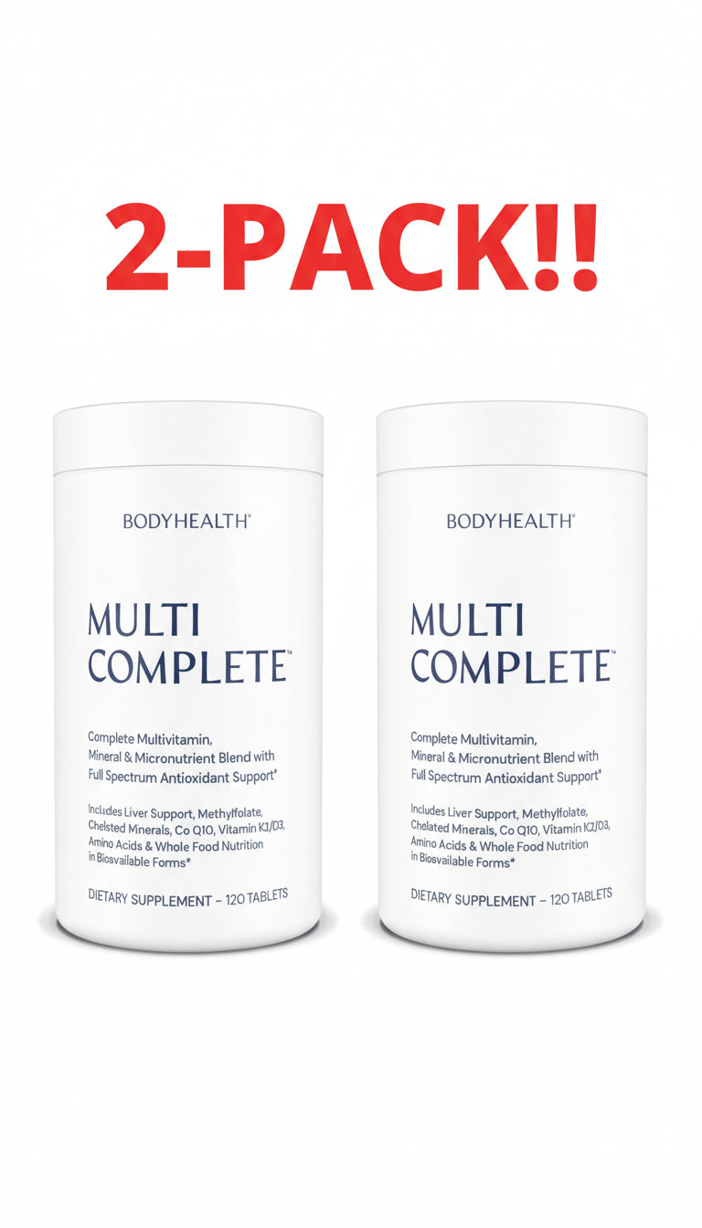 Two bottles of BodyHealth Multi Complete dietary supplement with '2-Pack!!' text above on a white background.