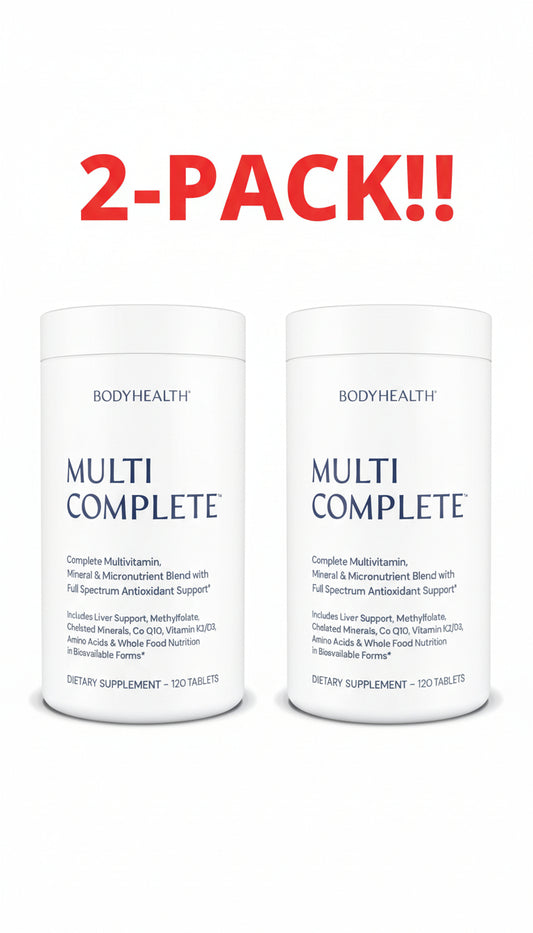 Two bottles of BodyHealth Multi Complete dietary supplement with '2-Pack!!' text above on a white background.