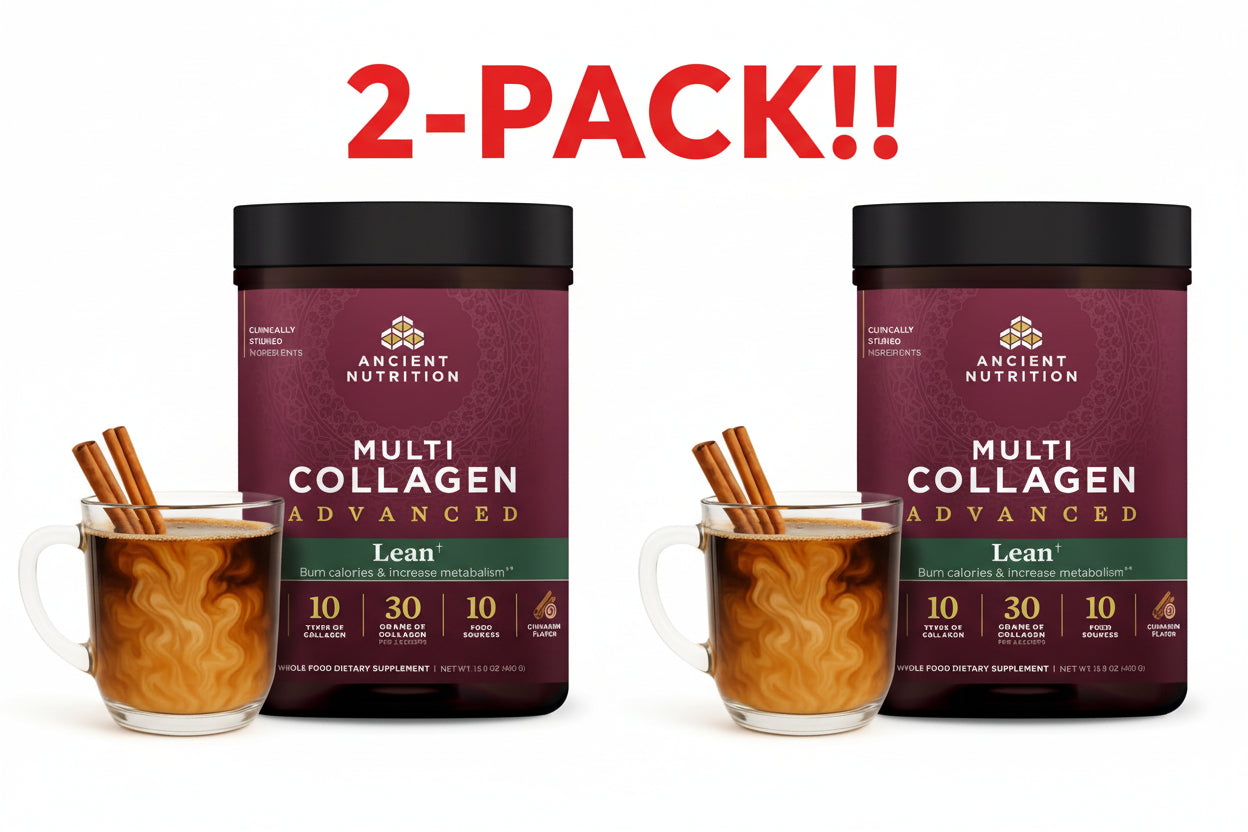 Two containers of Ancient Nutrition Multi Collagen AdvancedLean with mugs of hot beverage on a white background.