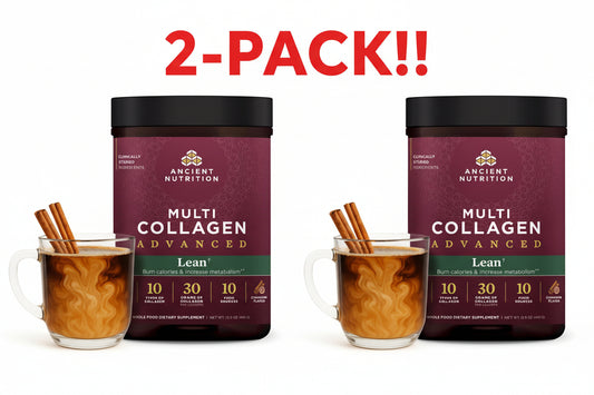 Two containers of Ancient Nutrition Multi Collagen AdvancedLean with mugs of hot beverage on a white background.