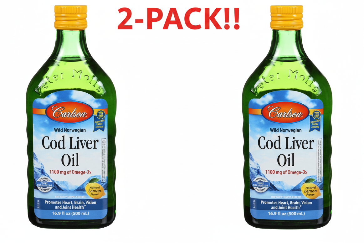 Two 500 ml glass bottles of Carlson Cod Liver Oil with lemon branding, positioned together to show the Double Pack.