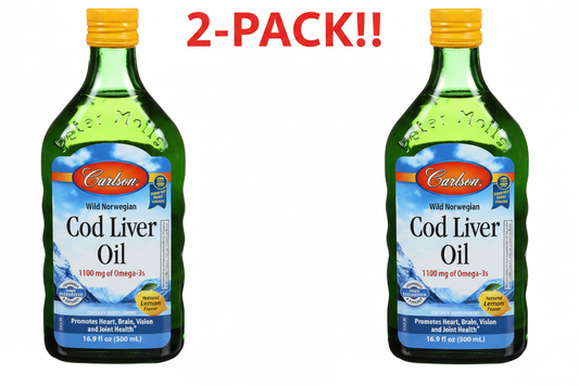 Two 500 ml glass bottles of Carlson Cod Liver Oil with lemon branding, positioned together to show the Double Pack.
