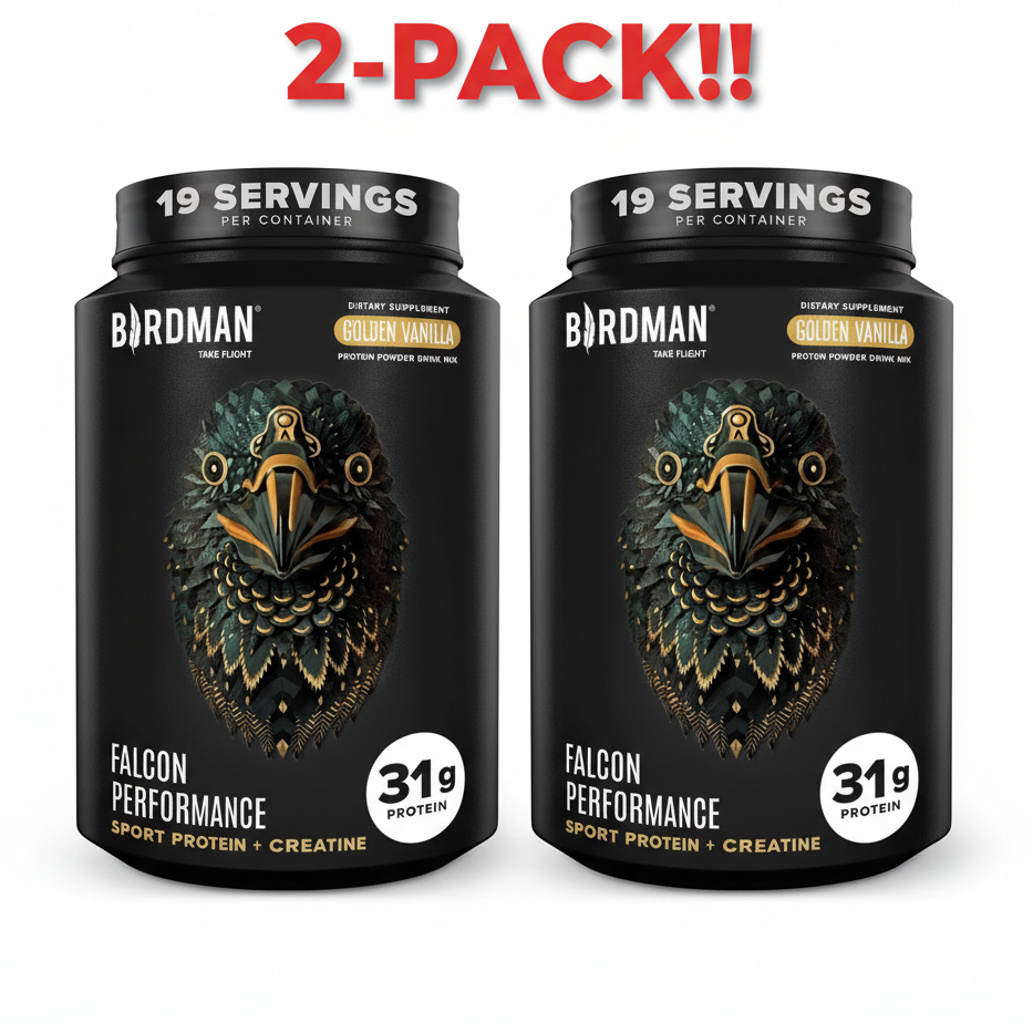 Two tubs of Falcon Performance Sport Protein and Creatine (Golden Vanilla, 1.89 lb each) displayed together, clearly promoting the "Double Pack" and "All-in-One" claims.