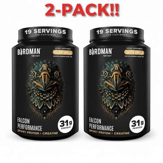 Two tubs of Falcon Performance Sport Protein and Creatine (Golden Vanilla, 1.89 lb each) displayed together, clearly promoting the "Double Pack" and "All-in-One" claims.