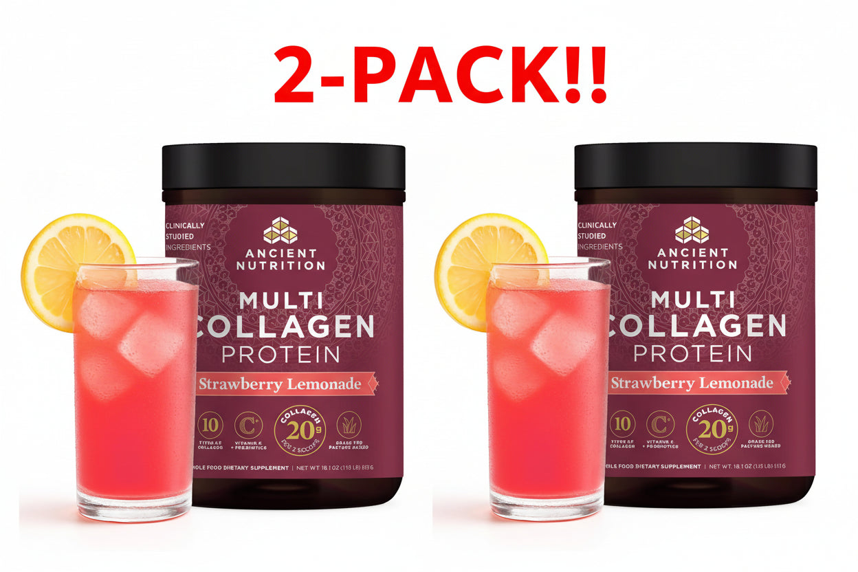 Two containers of Ancient Nutrition Multi Collagen Protein Strawberry Lemonade with glasses of the protein shake.