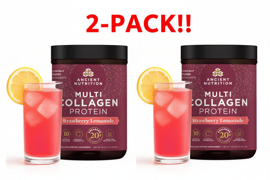 Two containers of Ancient Nutrition Multi Collagen Protein Strawberry Lemonade with glasses of the protein shake.