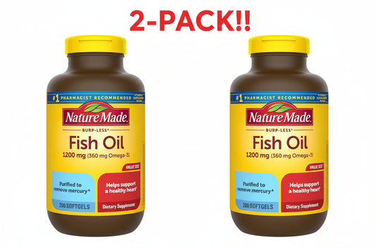 Two bottles of Nature Made Fish Oil on a white background with red text indicating a 2-pack.