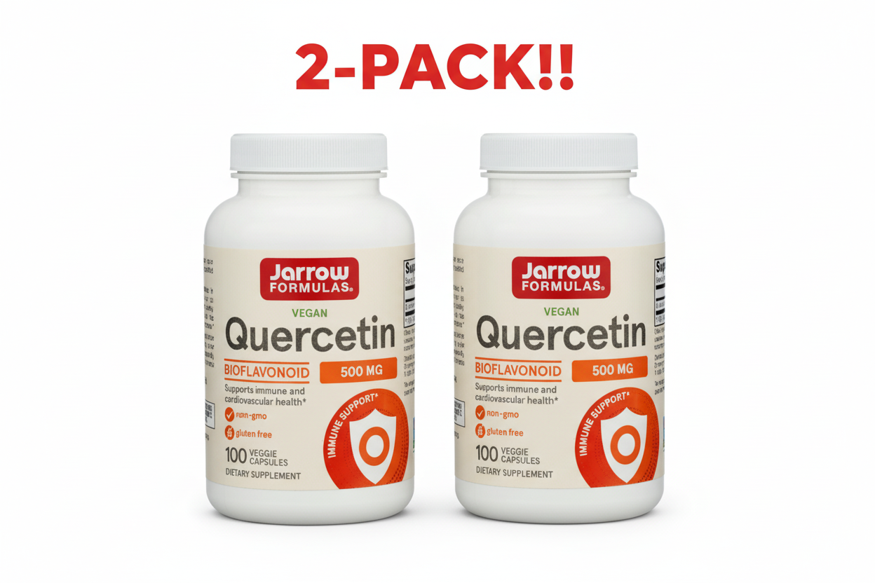 Two bottles of Jarrow Formulas Quercetin supplement with a '2-Pack!' label on a white background.