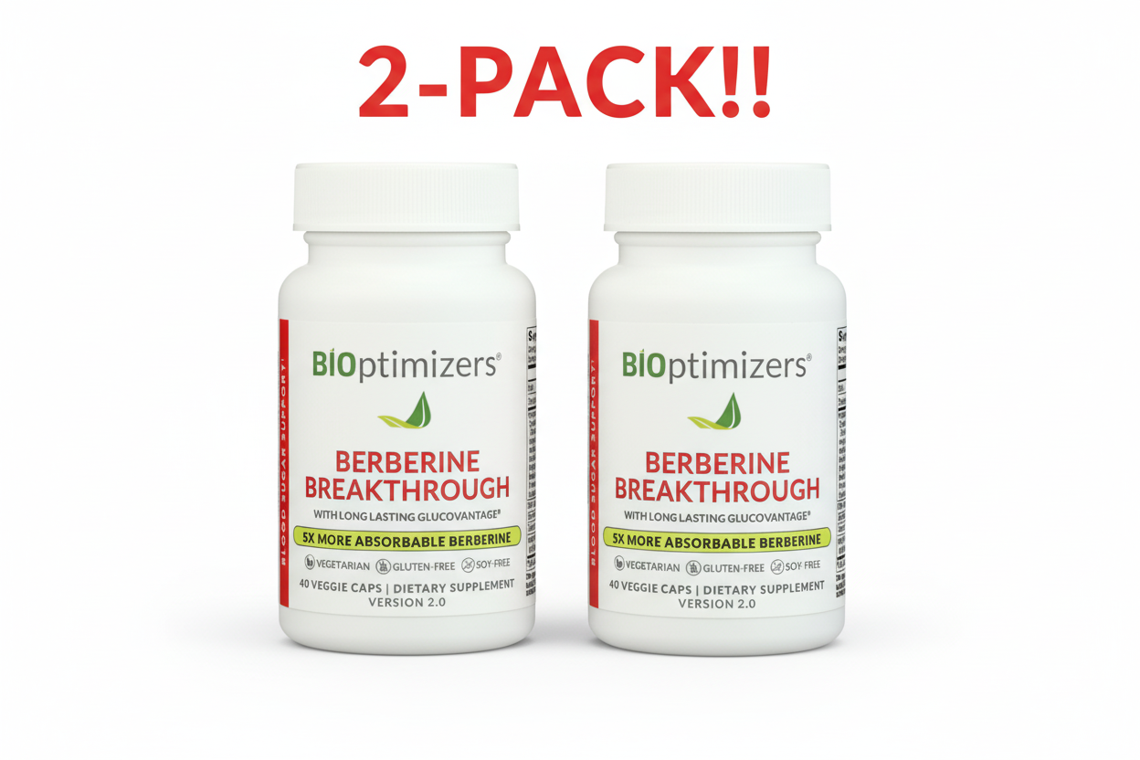 Two bottles of BioOptimizers Berberine Breakthrough supplement on a white background with '2-Pack!' text.